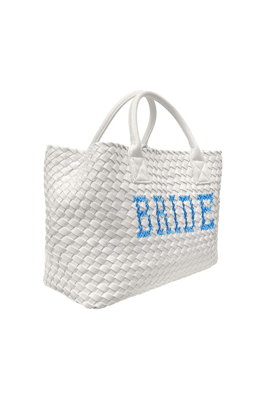 Blue bride embroidered handbag by Lilly Loves, featuring intricate embroidery and elegant design, shown from a side view.
