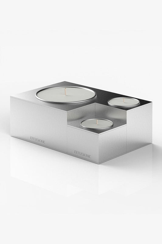 Collezione Aura Effusione, set di candele magnetiche componibili in alluminio di design con ricariche, vista prospettica