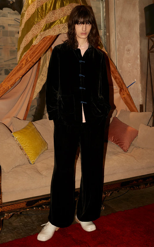 SILK VELVET BLEND TROUSERS - BLACK