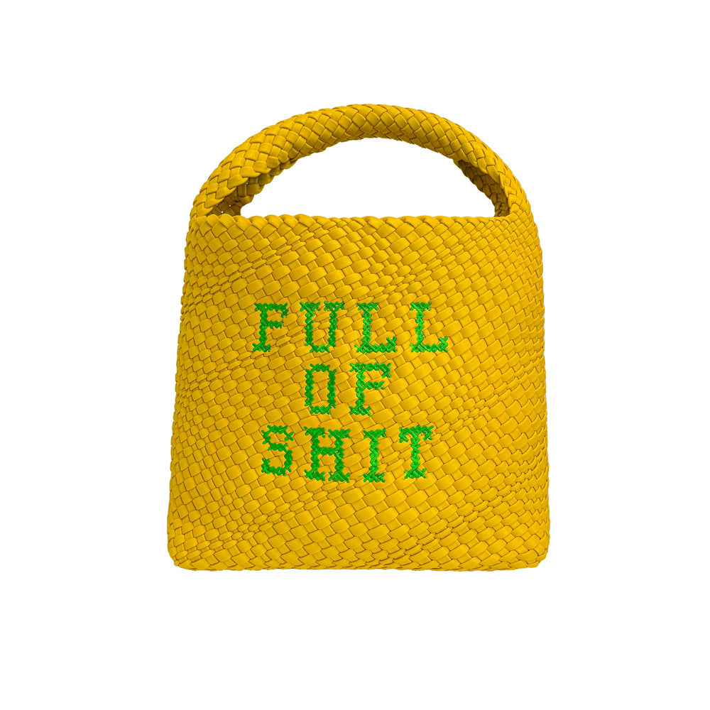 Yellow woven bucket handbag by Lilly Loves, showing the front view with a rounded shape and woven texture.