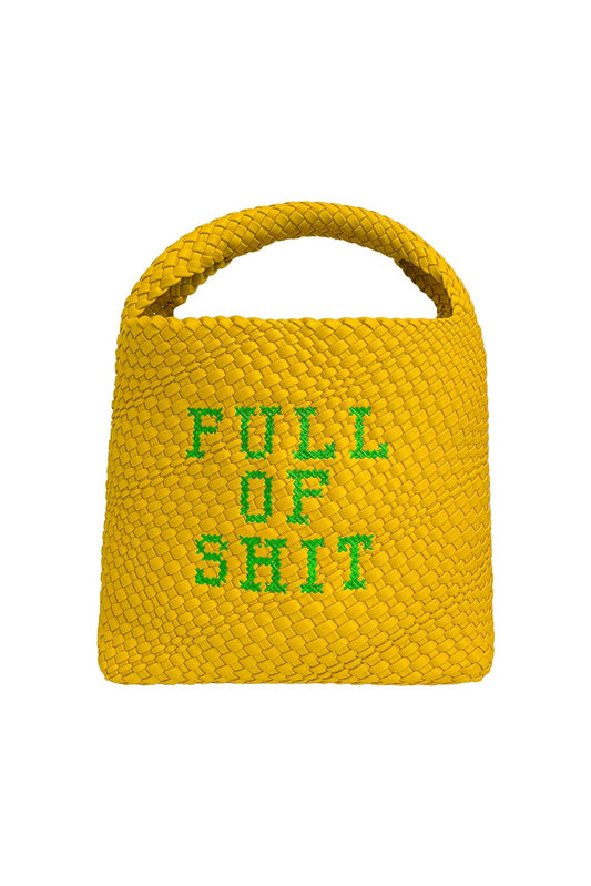 Yellow woven bucket handbag by Lilly Loves, showing the front view with a rounded shape and woven texture.